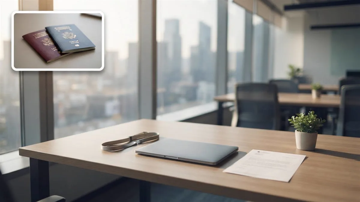 A shared desk in a Sydney office with a lanyard and a visa grant letter beside a laptop